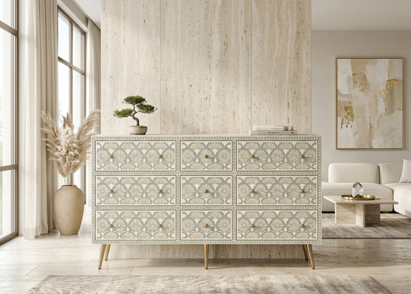 Handcrafted Grey Bone Inlay 9 Drawer Chest with Brass Legs
