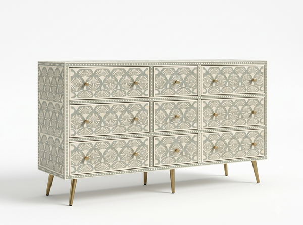 Handcrafted Grey Bone Inlay 9 Drawer Chest with Brass Legs