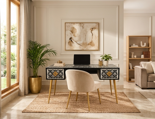 Black & White Bone Inlay 2 Drawer Work Desk with Gold Legs