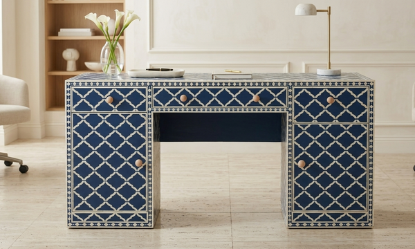 Blue & White Bone Inlay 3 Drawer 2 Door Work Desk