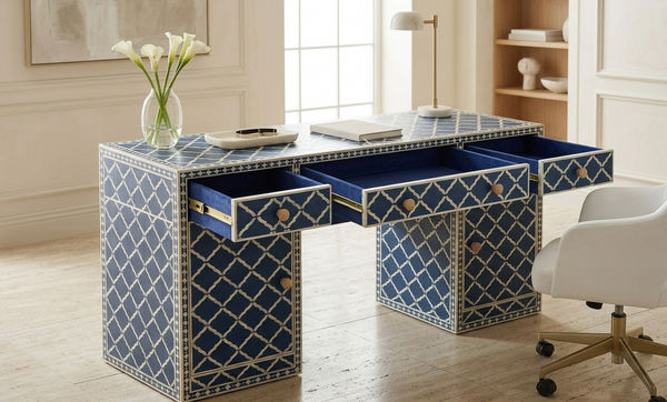 Blue & White Bone Inlay 3 Drawer 2 Door Work Desk