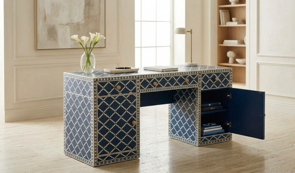 Blue & White Bone Inlay 3 Drawer 2 Door Work Desk