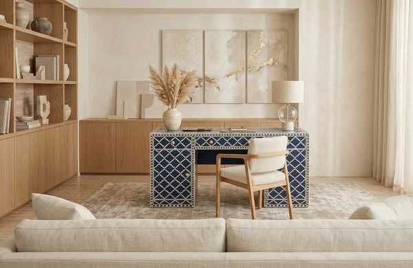 Blue & White Bone Inlay 3 Drawer 2 Door Work Desk