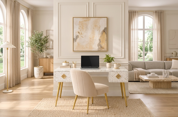 White Bone Inlay 2 Drawer Work Desk with Gold Legs