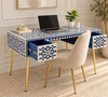 Handcrafted Blue Bone Inlay Work Desk with 2 Drawers, Gold Legs – Luxury Wooden Writing Desk for Home Office & Bedroom