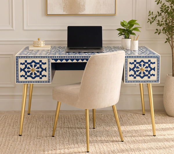Handcrafted Blue Bone Inlay Work Desk with 2 Drawers, Gold Legs – Luxury Wooden Writing Desk for Home Office & Bedroom