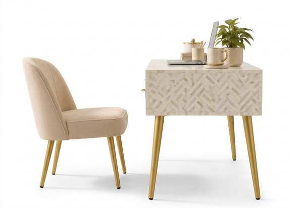 White Bone Inlay 2 Drawer Work Desk with Gold Legs