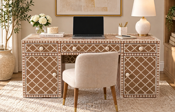 Blue & White Bone Inlay 3 Drawer 2 Door Work Desk