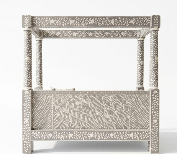 Handcrafted Grey Bone Inlay Canopy Daybed – Floral Design Luxury Furniture