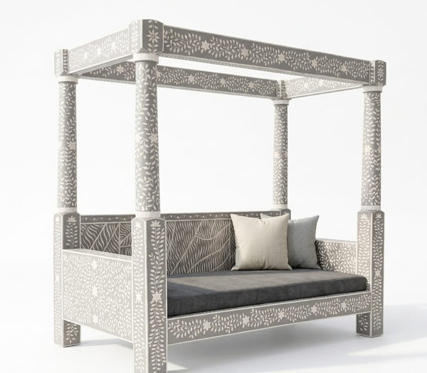 Handcrafted Grey Bone Inlay Canopy Daybed – Floral Design Luxury Furniture