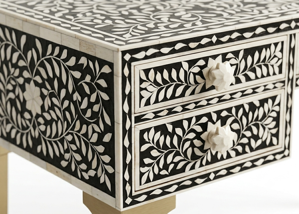 Handcrafted Black Bone Inlay 5 Drawer Work Desk – Floral Writing & Office Desk