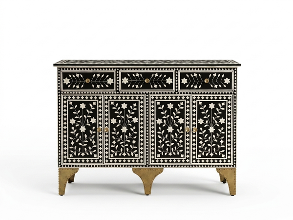 Handcrafted Black Bone Inlay 3 Drawer 4 Door Buffet Cabinet – Floral Sideboard