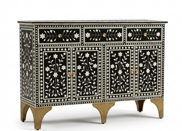 Handcrafted Black Bone Inlay 3 Drawer 4 Door Buffet Cabinet – Floral Sideboard