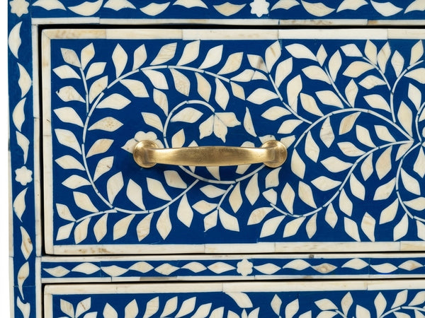 Handcrafted Bone Inlay 3 Drawer Chest – Blue & White Floral Design