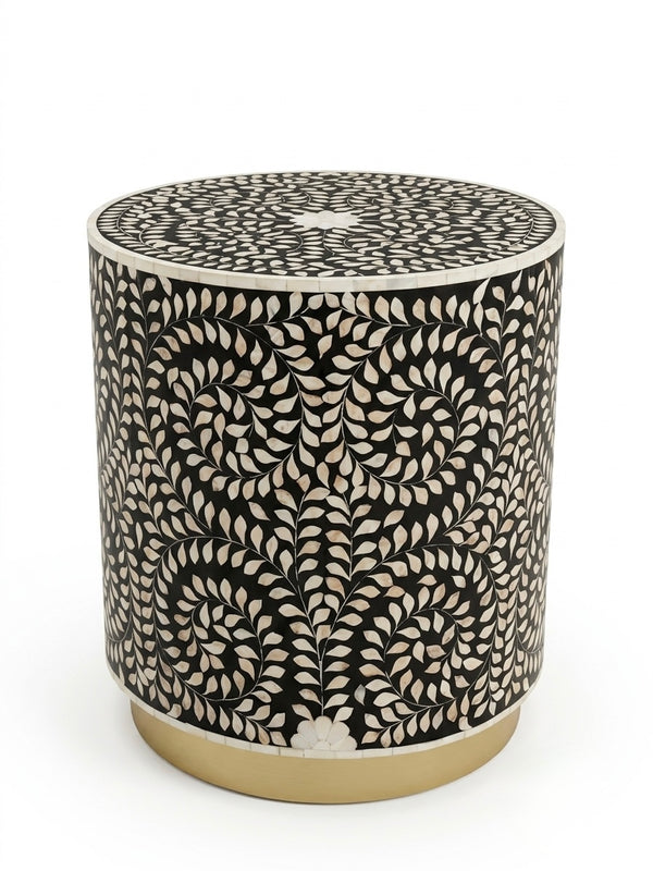 Mother of Pearl Inlay Round Side Table – Black & White Floral End Table
