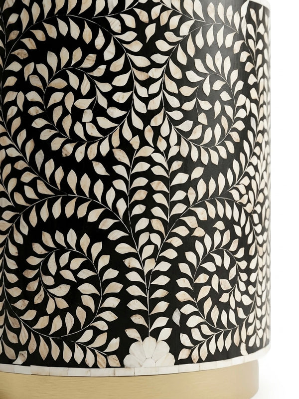 Mother of Pearl Inlay Round Side Table – Black & White Floral End Table