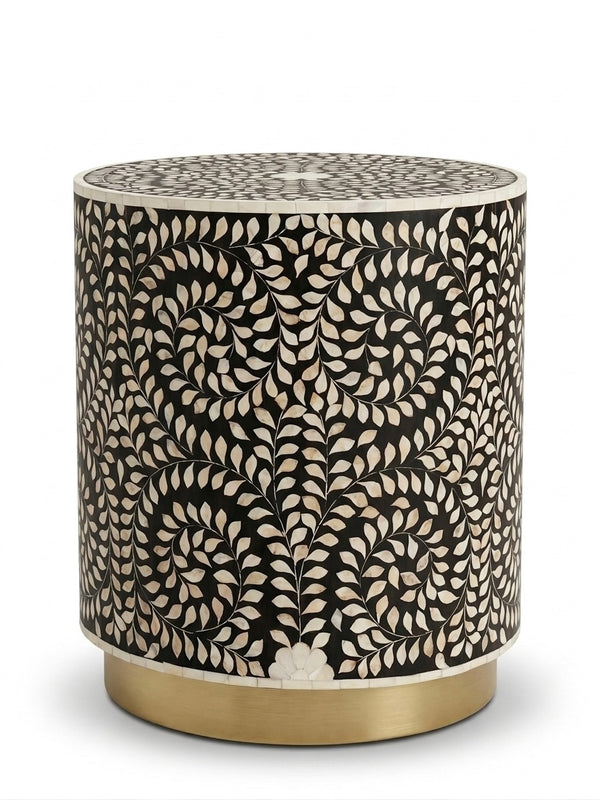 Mother of Pearl Inlay Round Side Table – Black & White Floral End Table