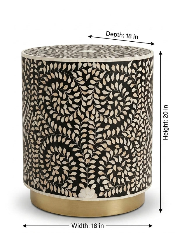 Mother of Pearl Inlay Round Side Table – Black & White Floral End Table