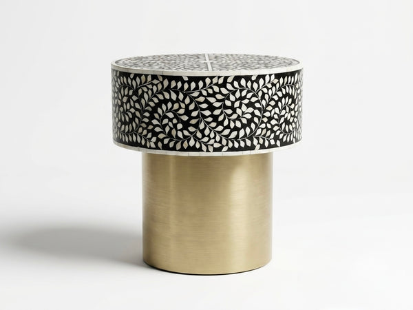 Handcrafted Black Mother of Pearl Inlay Round Side Table with Brass Base – Floral Design