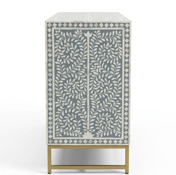 Handcrafted Bone Inlay 6 Drawer Chest – Grey & White Floral Design