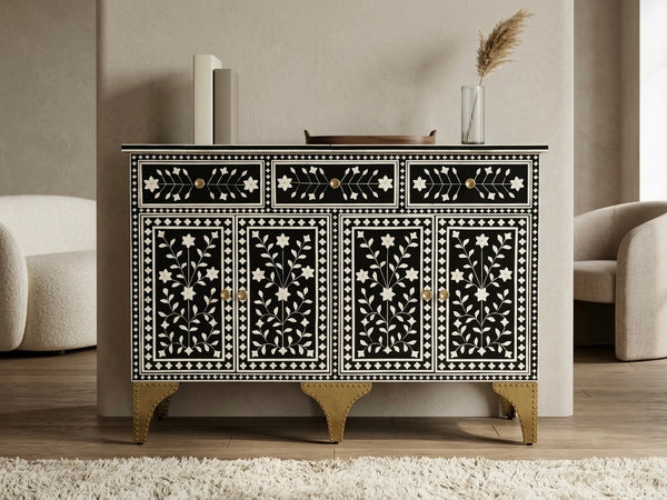 Handcrafted black and white bone inlay 3 drawer 4 door buffet cabinet with floral pattern and brass-tone legs