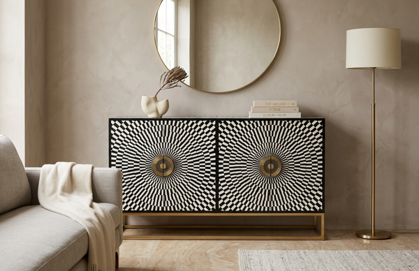 Handmade black and white bone inlay 4 door cabinet with radial geometric pattern and metal base