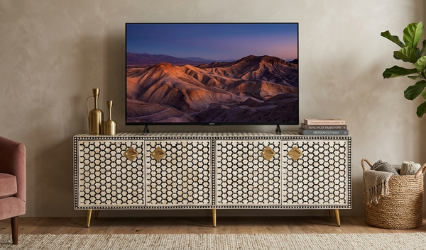Handmade black and white Bone Inlay 4 door TV unit media cabinet with Targua geometric design