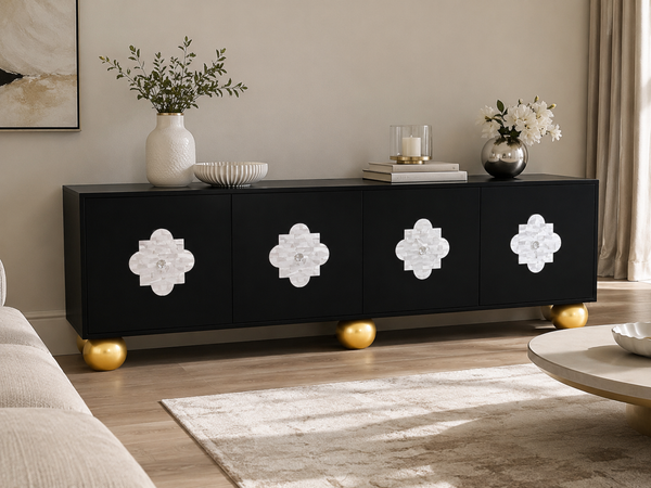 Black Mother of Pearl inlay 4 door TV unit media cabinet with gold finish legs