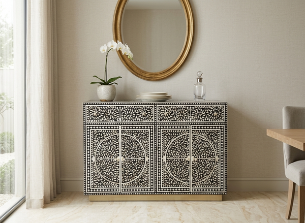 Handcrafted black Mother of Pearl inlay bar cabinet with 2 drawers 4 doors and brass stand