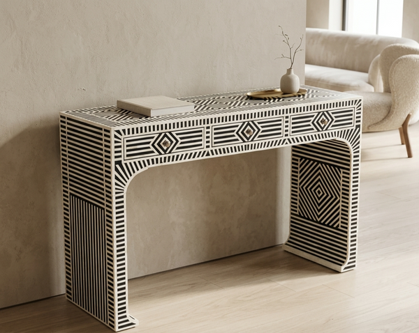 Handcrafted black and white geometric bone inlay 3 drawer console table