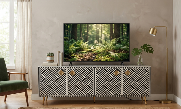 Black and white bone inlay 4 door TV unit media cabinet with optical geometric pattern