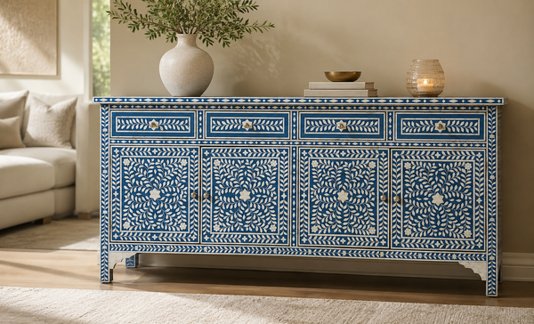 Handcrafted blue and white bone inlay 4 drawer 4 door buffet cabinet with floral pattern and brass-tone knobs