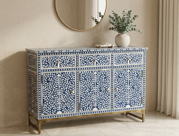 Blue bone inlay 3 drawer 3 door buffet cabinet with handcrafted floral design and gold-finish base