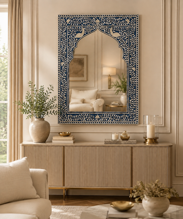 Blue and white bone inlay Mehrab wall mirror frame with floral and peacock design