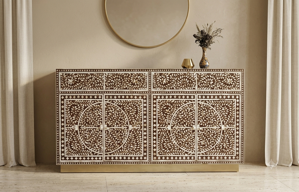 Handcrafted brown Mother of Pearl inlay buffet cabinet with 2 drawers 4 doors and brass stand