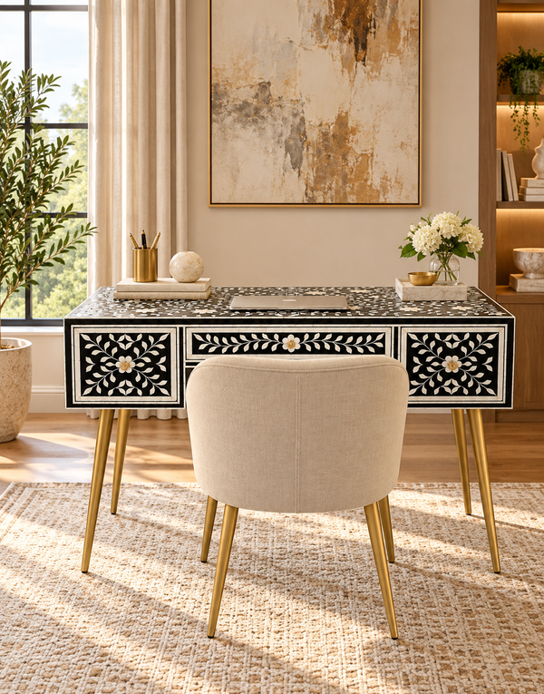 Handcrafted Black & White Bone Inlay Work Desk with 3 Drawers, Floral Design & Gold Legs – Luxury Home Office Writing Table