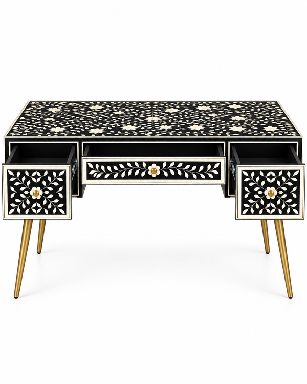 Handcrafted Black & White Bone Inlay Work Desk with 3 Drawers, Floral Design & Gold Legs – Luxury Home Office Writing Table