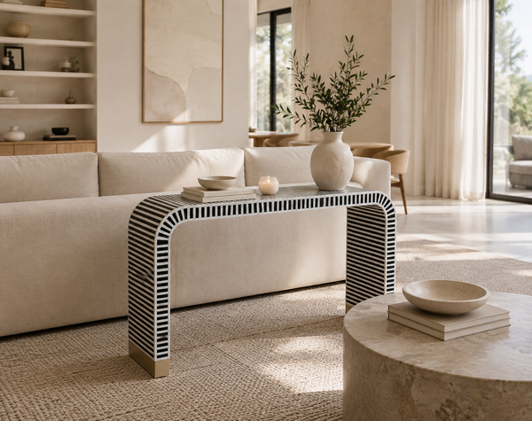 Handmade Bone Inlay U-Shaped Console Table – Black & White Striped Entryway Table