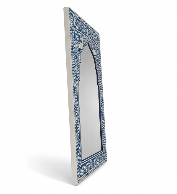 Handcrafted Blue & White Bone Inlay Mehrab Wall Mirror Frame