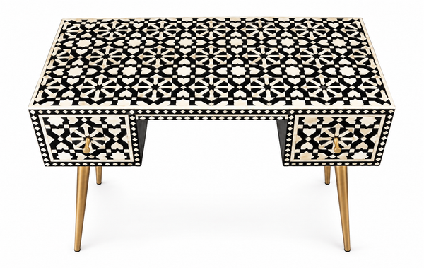 Black Bone Inlay 2 Drawer Work Desk with Gold Legs