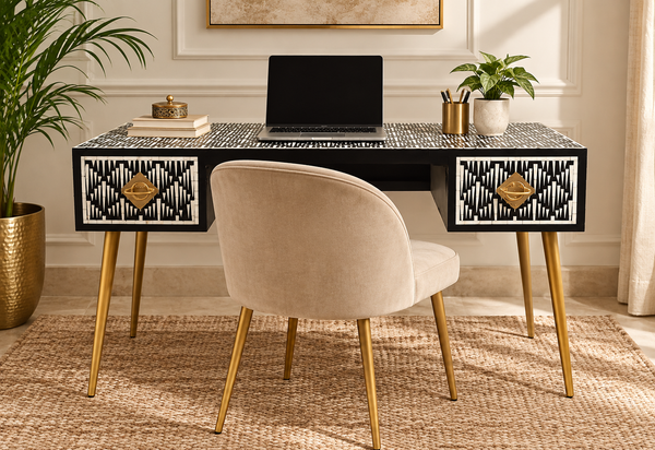 Black & White Bone Inlay 2 Drawer Work Desk with Gold Legs