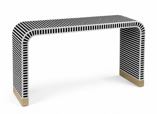 Handmade Bone Inlay U-Shaped Console Table – Black & White Striped Entryway Table