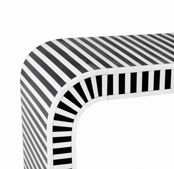 Handmade Bone Inlay U-Shaped Console Table – Black & White Striped Entryway Table