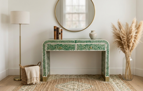 Handcrafted green mother of pearl inlay U shaped console table with two floral patterned drawers and curved legs in an elegant entryway