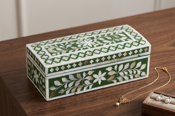 Handcrafted green Mother of Pearl inlay jewelry box with white floral design