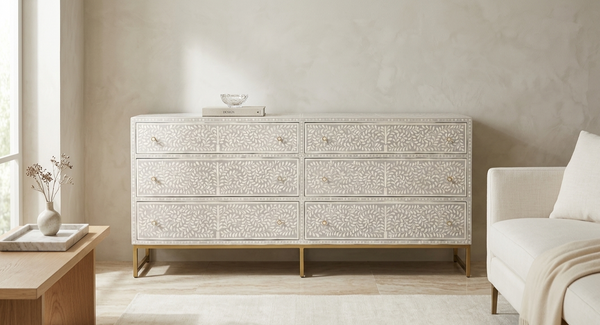 Handcrafted grey and white bone inlay 6 drawer chest with floral pattern and brass-tone legs