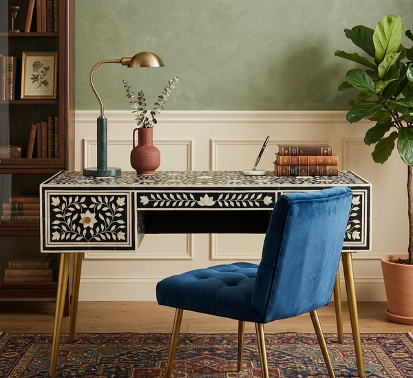 Handcrafted black and white bone inlay work desk with 3 drawers, floral design and gold metal legs in an elegant home office with blue chair
