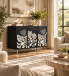 Handcrafted Black & White Bone Inlay Buffet Cabinet with 3 Doors & 3 Drawers – Luxury Floral Sideboard for Living & Dining Room