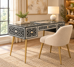 Handcrafted Black & White Bone Inlay Work Desk with 3 Drawers, Floral Design & Gold Legs – Luxury Home Office Writing Table