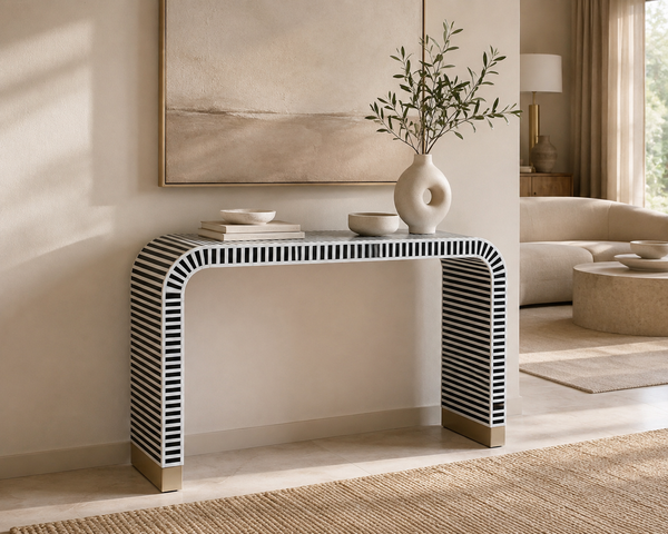 Handmade black and white striped bone inlay U-shaped console table for entryway and living room